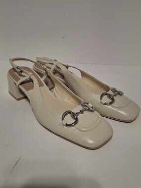 Dolce Vita Melli Ivory Crinkle Patent Horsebit Slingback Block Heels Size 12